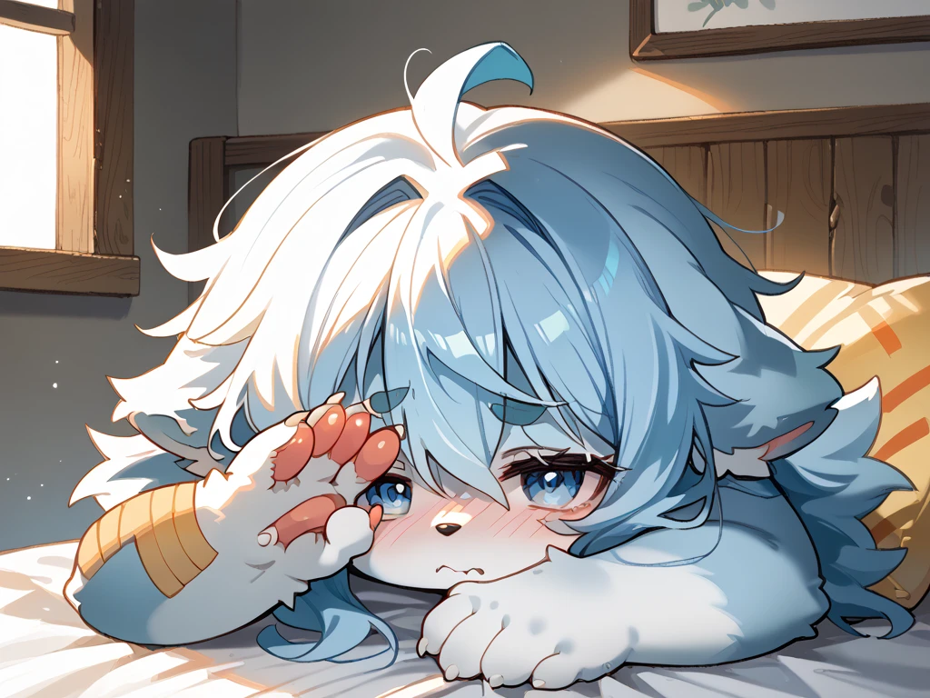 6 year old girl,Masterpiece, High quality, There is a data cable next to it,absurd res, Digital painting \(artwork of a\), by Dagasi, Yupa,Kiyosan,(Fluffy fur:1.1),(Bright:0.8),anthro female cat. (gray eyes,Gray-blue fur, Full body fur, Cat nose:1.2), Bright eyes,in a panoramic view,Character focus.Detailed background,(shy,dong't wear anything,Lying on the bed:1.2)