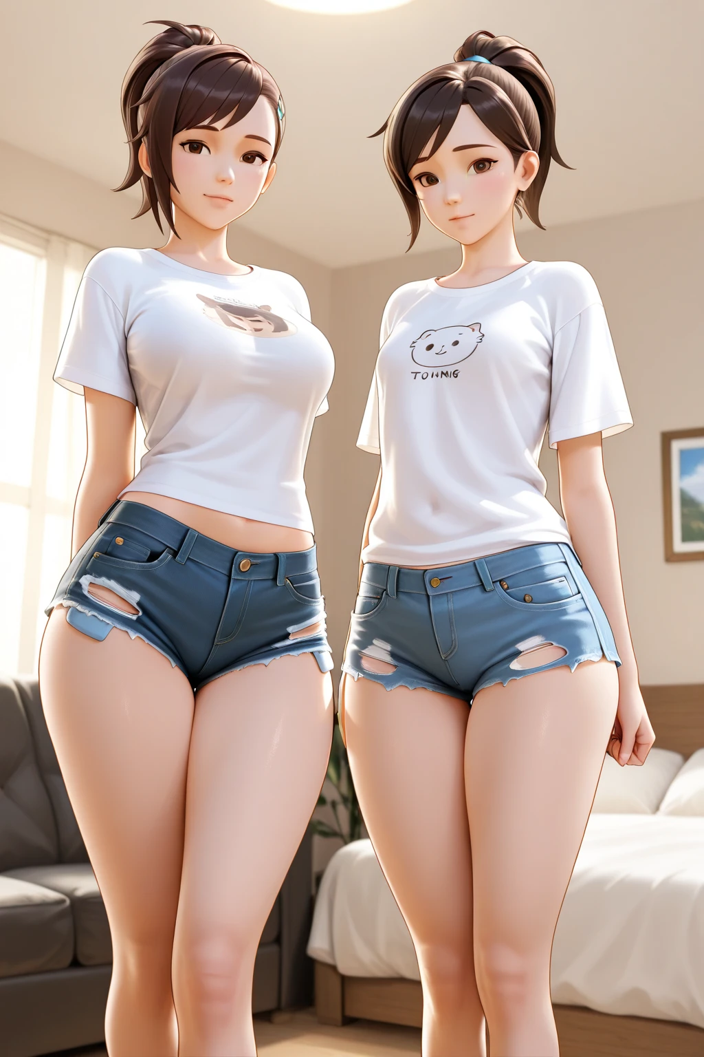 best quality, 1girl, masterpiece ultra detailed, illustration, glossy lips, indoors, standing, big breasts, (((very short denim shorts))), micro shorts, (black latex crop top), light smile, view viewers from the front, tigh strap, underboob cleavage, presenting panties in her hand, bodycon shorts, (((full body)))
