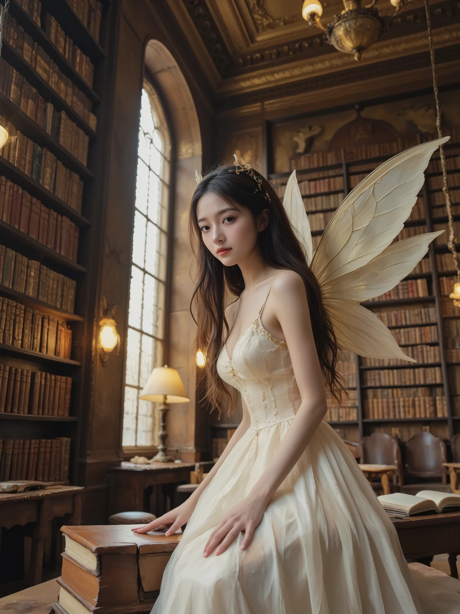 A young woman with pointed ears and translucent dragonfly-like wings sits at a wooden study desk in an ornate library interior. She wears a flowing white dress and is surrounded by stacks of leather-bound books. Towering bookshelves lined with volumes stretch toward a vaulted ceiling with ornate chandeliers. Warm light filters through tall arched windows, illuminating dust motes in the air. Ancient wooden tables and brass reading lamps populate the space between the shelves. Portrait photography with soft natural lighting and shallow depth of field focusing on the subject against blurred architectural elements.