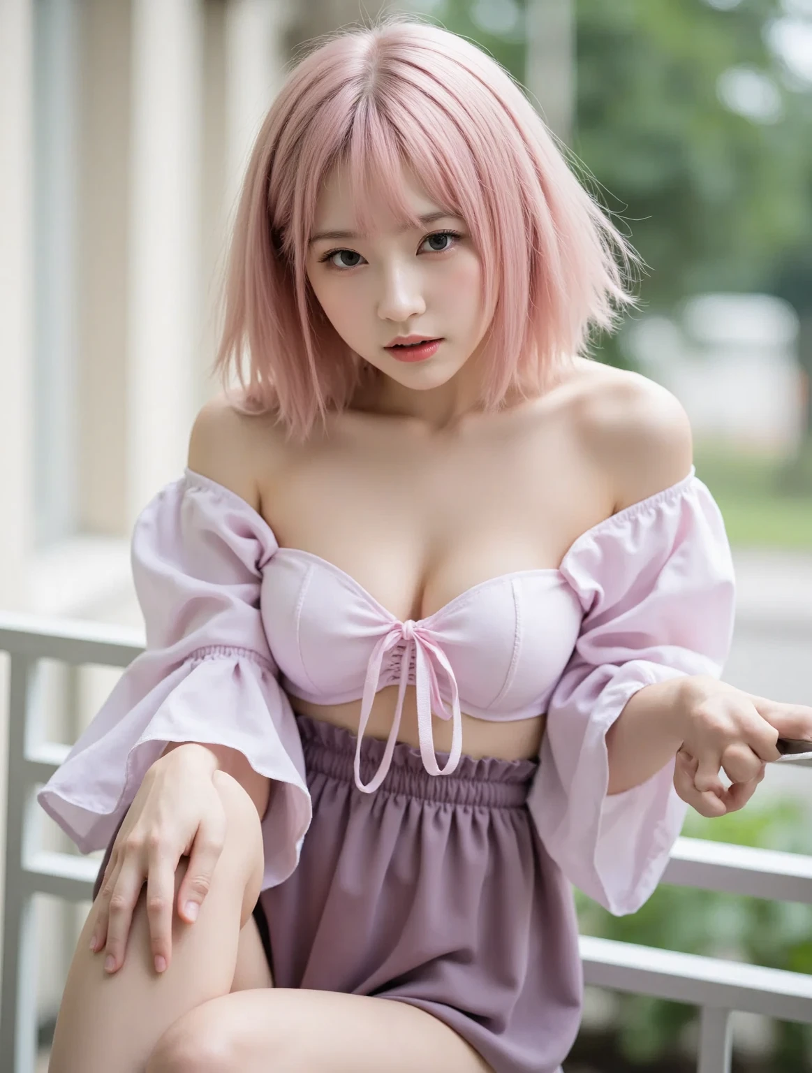 Background ( japanese style ) , sitting on a staircase legs wide open , she is wearing a mini skirt exposing her underwear ,between a Street , camara angle from down, looking front side, shy, sexy, wearing sunglasses Cute girl short pink hair, wearing mini skirt and  Dark blue blue blue blue blue blue colour shirt,all her hair short pink , with a star clip in her pink hair, light colored eyes, pretty eyes, crying eyes, pretty, upturned nose, watery nose, Pretty lips, pink lips, heart and cupid shaped lip, pretty skin, pale, White skin, with moles and freckles all over his face, soft pink blush on the cheeks, natural pink blush, soft pink makeup, Jennie, nice neck, marked collar, frown, tender look, with a kiss necklace, while having a bare abdomen, Delgado, marked and pretty, (big breasts, soft breasts, nice breasts),  photorealism, 8k , photorealistic 