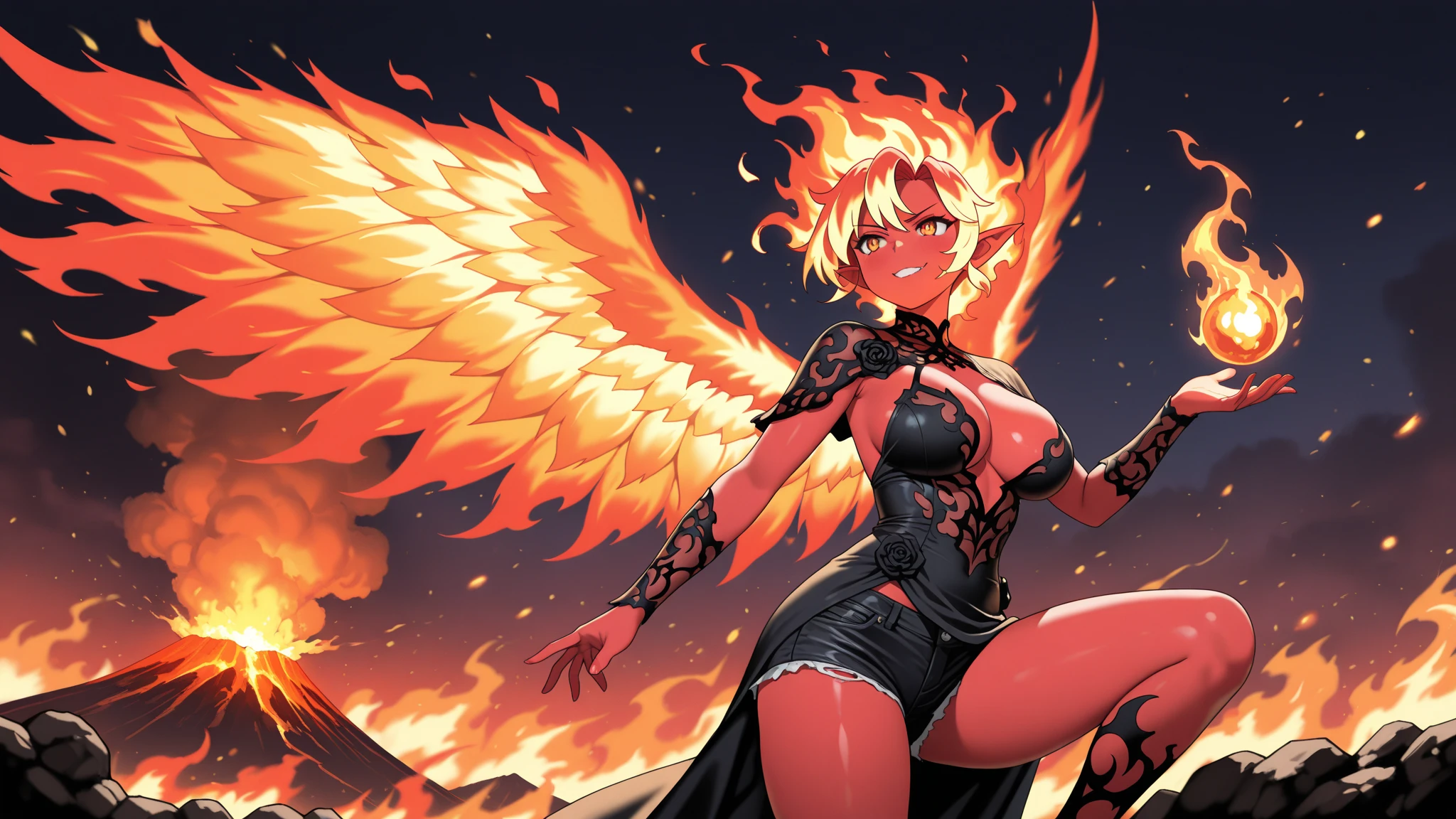 masterpiece, best quality, highres, high quality, collage, perfect image, perspective tattoo on breasts, 1girl, best quality, masterpiece, white hair, edelgard van hresvleg (fire emblem), face, blue eyes, beach on tropical island, abs, long legs, bare shoulders, tropical island, muscular arms, biceps, triceps, hands behind head, squatting, evil smile, blush, collarbone slim legs, underboob, aroused, (bikini outfit), red skirt, red bikini top (gigantic breasts:1.4), detailed hand,(Red skin:1.4) , (Yellow eyes:1.4), (Glowing eyes:1.2) ,(Demon eyes), (Two Black demon wings:1.2-1.4), (Two Black demon horns:1.2), (Devil),