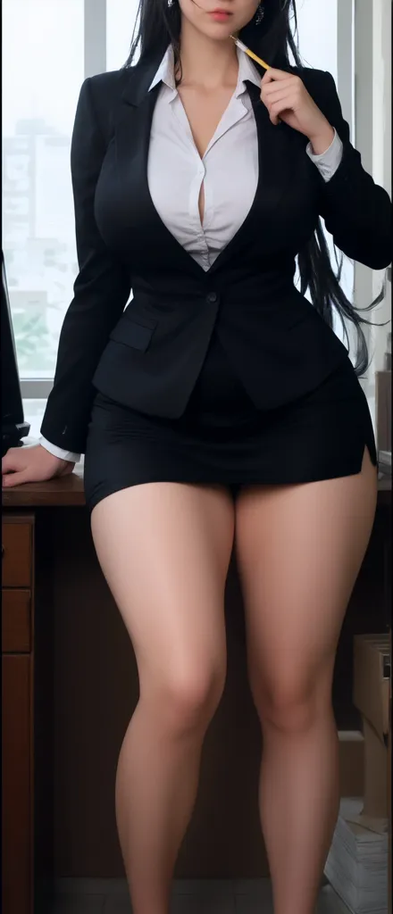 Top Quality, 8k, Beauty, Office Lady, Slender Body, Big, Bob Cut, Ash Brown Hair, (Squatting, Open Legs: 1.3, Show Off Panties: 1.5), Ultra Detailed Face, Highly Detailed Lips, Detailed Eyes, (Black Business Suit, Jacket, Light Blue Blouse, Black Tight Skirt, White Bra, White Sexy T-Back: 1.3, Camel Toe, High Heels), Office, Office, Desk, PC