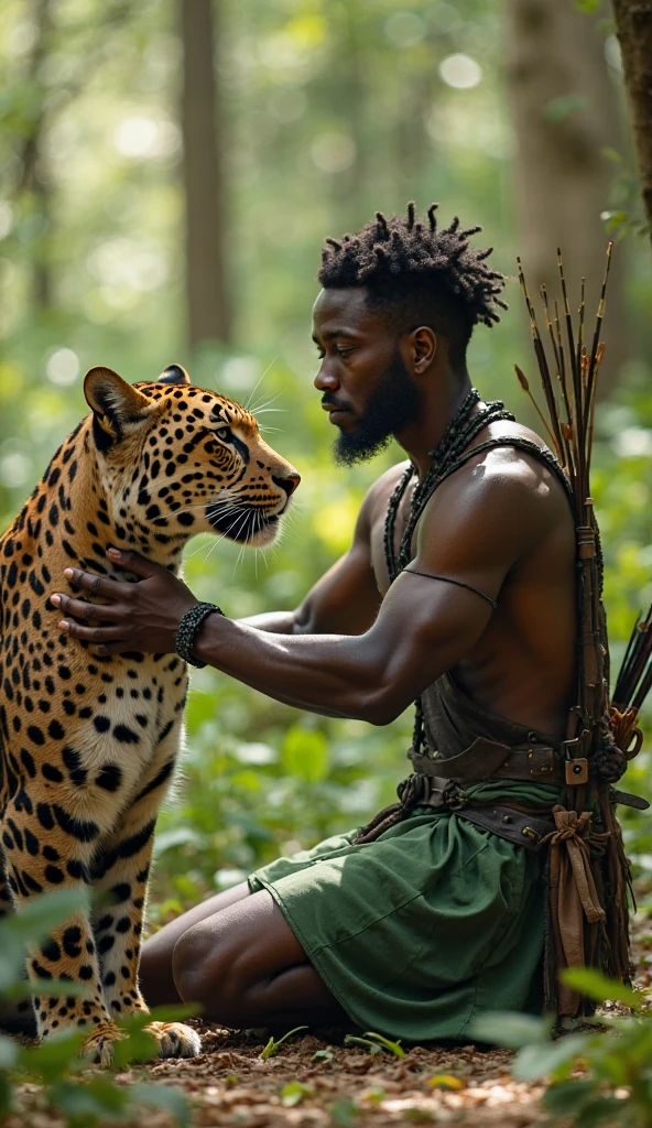 A handsome guy with dark skin and the masculine features of a young guy. He has black hair that reaches below his waist and panther ears.. He has a bare torso, wearing full-length brown fur trousers and hoof-like shoes.. He has a red heart pendant.. He squats in a thicket of ferns and shoots a bow.. A kind, beautiful panther lies beside him..