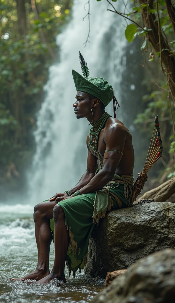 Village from ancient Ternate island, Maluku, Indonesia, a young man in ancient Ternate clothing is walking while holding a spear and wear a red traditional Ternate turban, there is no peoples, hyper realistic, masterpiece, best quality, ultra-detailed, UHD, 64K