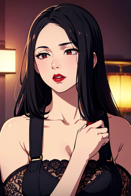 a beautiful young girl with dark hair and dark eyes, luscious red lips, dramatic pose, portrait, photo, detailed facial features, high quality, photorealistic, 8k, hyperrealistic, cinematic lighting, dramatic shadows, vivid colors, intricate details, masterpiece, elegant, fashion, glamorous