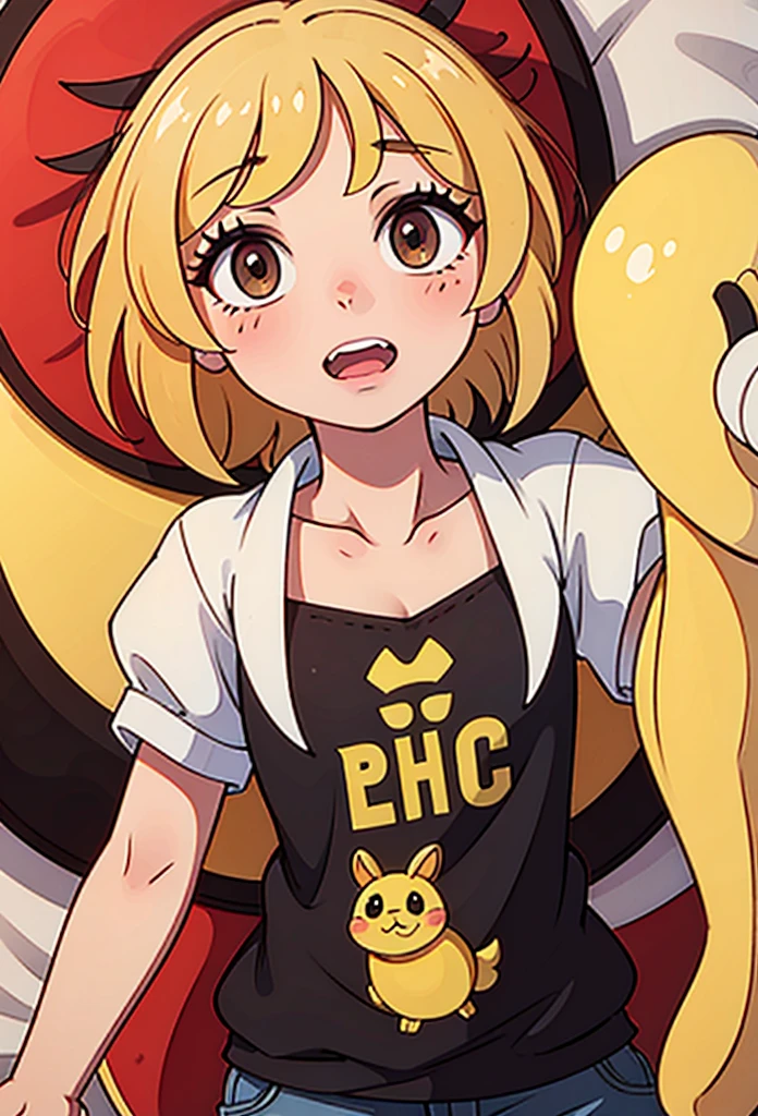 (master piece: 1.1), (chiku), wearing long tabard apron end in the , aultra-detailed, 2d style, , woman, yellow skin, yellow hair, big thick, big , thick thighs, pink eyes, blushing, dynamic Pose, dynamic angle, lazy eyes, smiling, full body view, eyes at the viewer, white background