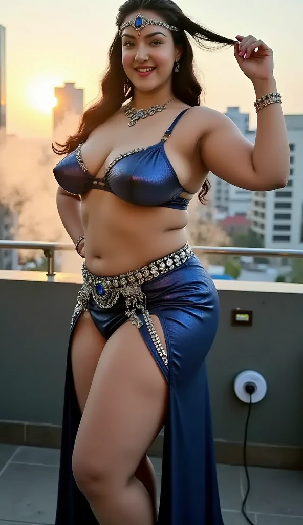 Arabic bellydancer  girl 15 year old, Braun hair, blue eyes, thick chubby smiling face, fatty chubby full body, masterpiece, (best quality:1.2), [:intricate details:0.2], fair glowing skin , angel face , round face , paf bun hair style, lipstick ,on bad ,{ wearing , tit fitting , [ red colour dress ] , sandals   },  little showing cleavage , red bangles chudi in hand, dancing  on  top floor apartment bright romantic golder royal chandelier badroom 