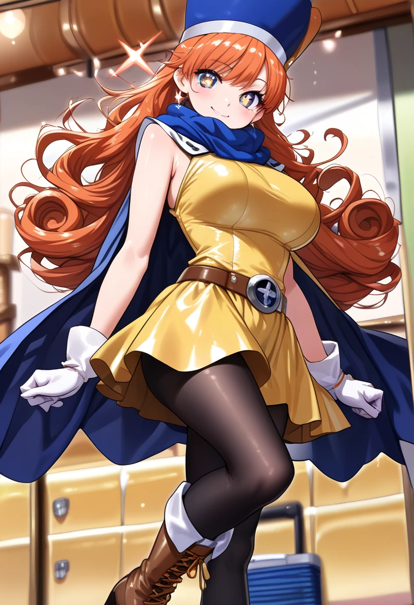score_9, score_8_up, score_7_up, source_anime, thigh up, 1girl, smile, open mouth, waving, "hiya" speech bubble <lora:YunakaFE-pdxl-bsinky-v1:1>, defyunaka, long hair, choker, belt, bodysuit, cleavage, star facial mark, star hair ornament, blue background