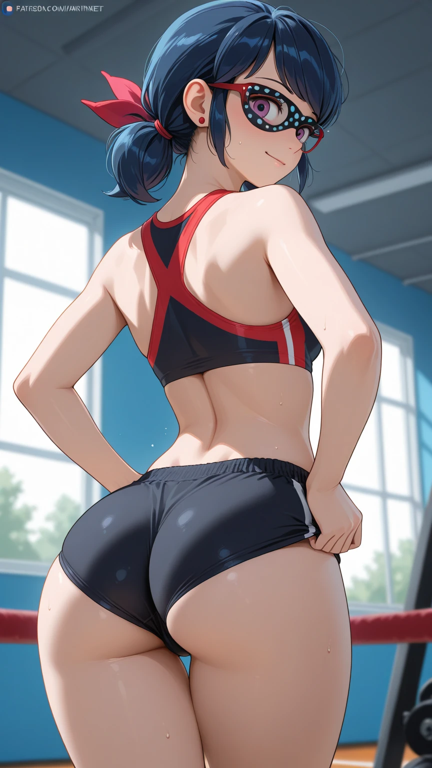 (Original Character、Unity 16K Wallpaper, Masterpiece, Best Quality, Ultra-Detailed, Extremely Detailed CG, Caustics, Cinematic Lighting, Detailed, Beautiful Detailed Eyes, solo), Ultra High Resolution, fine skin, (track and field:1.2) 、(strong light)、oily skin,smile , (???? women)、Arena、separate、micro racing bloomers、show off belly,show off neck,sunny day、cowboy shot,blush,abs,kawaii,perspired、running shirt,?????????,???????????:1.2,hip focus 、blue hair