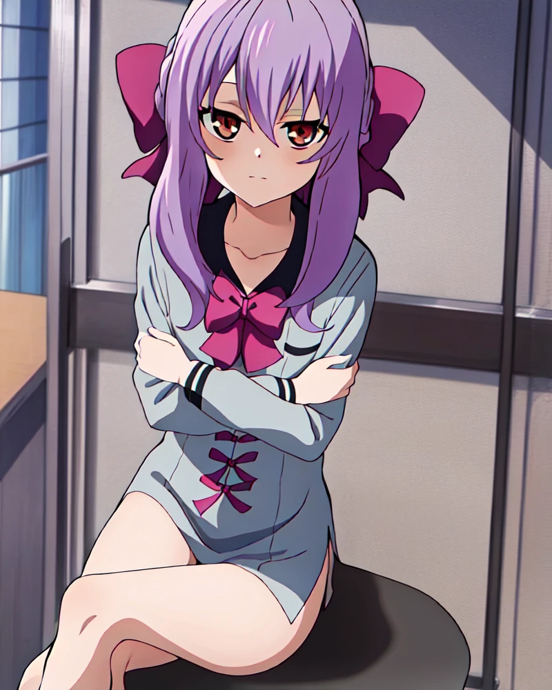 Shinoa,1girl, solo, purple_hair, hair_between_eyes, bow, looking_at_viewer, smile, sidelocks,shirt,white shirt,dress shirt, no panties, bare legs, bare arms, wariza,expressionless,