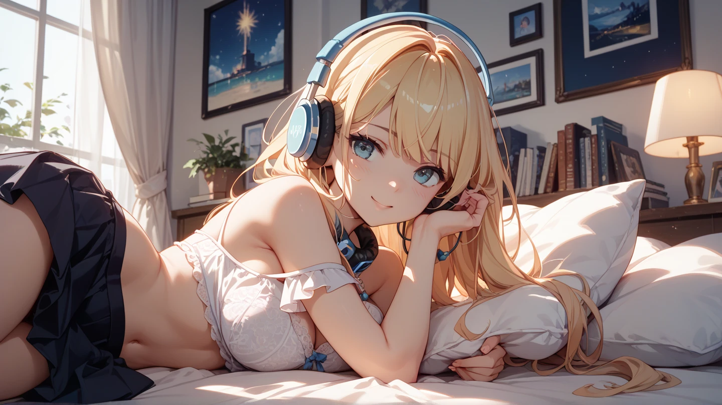 Create an image of a beautiful, erotic anime girl with long blonde hair, and happy eyes, showing her stomach, relaxing in her bedroom. She is wearing a cutoff shirt and shorts, with headphones on, enjoying her music while sitting in her gaming chair. The room has warm, dim lighting, and personal items scattered around, creating a sense of intimacy and relaxation