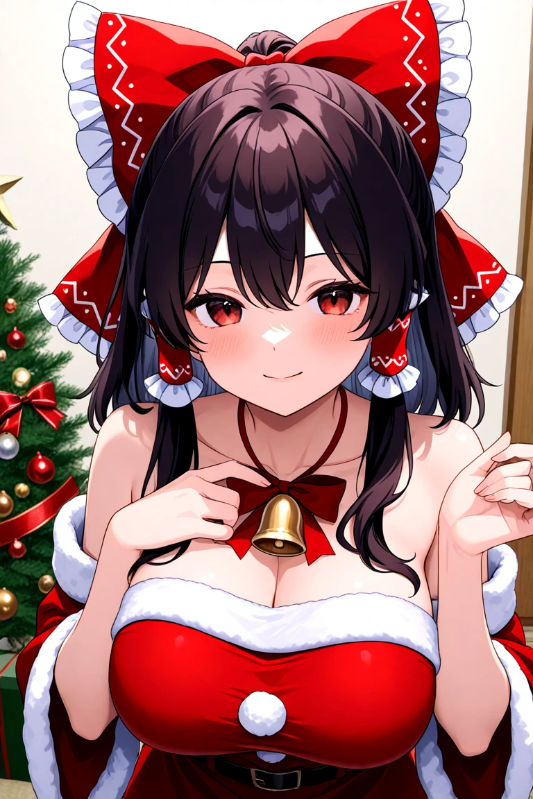 ((junkotvv)), blush, cleavage,glowing aura, natural light, masterpiece,  glossy skin, juicy lips , adult,sexy, hot, , cleavage, evil,juicy lips, bimbo, hour glass, brown hair, red eyes,  wide eyes, red eyes, massive , dark lighting, long hair, chains, shadow in eyes, bright blush, heart in eyes, ,((wide smile)),, (small pupils)), Hypno, scary, brainwash, full body, Christmas hat, snow, Christmas tree