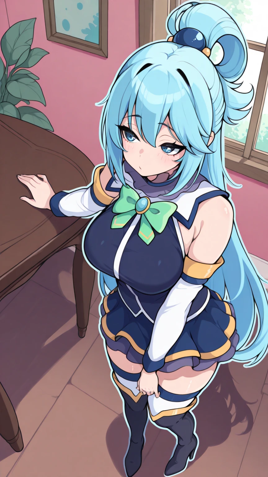 Long blue hair , blue detailed sparkling eyes , embarrassed , blushing
(Best quality:1.3),mini breasts, naked, apron, cleavage, (pov, close shot), standing, kitchen background, blushing:1.2.