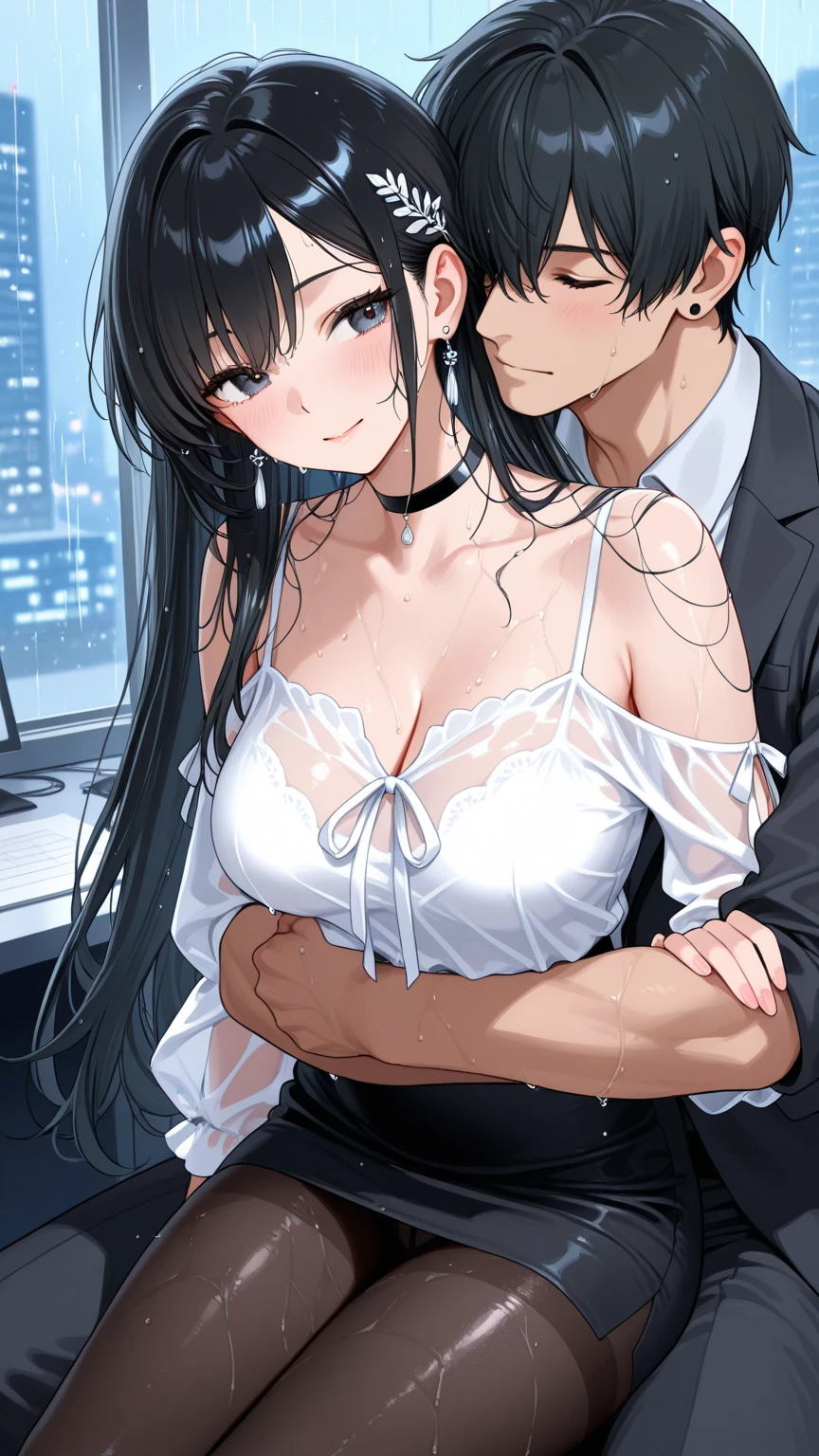 crowded train, girl, young handsome man hugs her from behind talking in her ear and lifting her, black sexy lingerie,, pubic hair visible, 40k, photo, masterpiece, best quality, dark gray background, (with one girl's immediately open legs), fully open legs with big breasts, an handsome man leaning on her from behind and picking her up and doing different poses. , Blushing, , clenching teeth, , heart pupils, sweaty, whole body wet, black hair, long hair, bending knees, reluctance, watery eyes, big, soaked, small, slender, white shirt, tie, pants visible through short pleated skirt, slouching, hands on hips, closing eyes, reluctance, open shirt, lifting legs　handsome man's dick in the women's tits