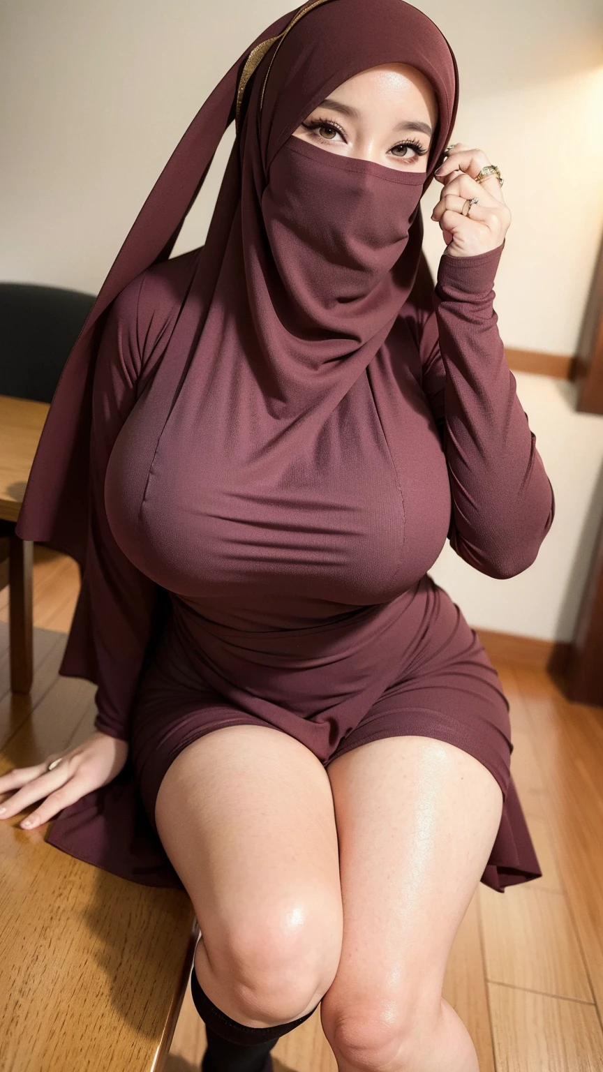(Best quality, high resolution, masterpiece: 1.3), a beautiful malay woman in hijab, big breasts, slim figure, sweatshirt, beautifully presented details in the street and facial and skin texture, detailed eyes, double eyelids, big eyeschest visible, shirt openfeatures), HDR, 8k resolution, nice fingers, firm skin, (((high detail skin, visible pores))), 1 female, tall body, sitting on the bed, 30 years old, big breasts: 1.4, wearing Tight dress Pastel Close Up Tight Hijab, Full Body, Beautiful Shy Smile, Wearing sneakers, In L, 