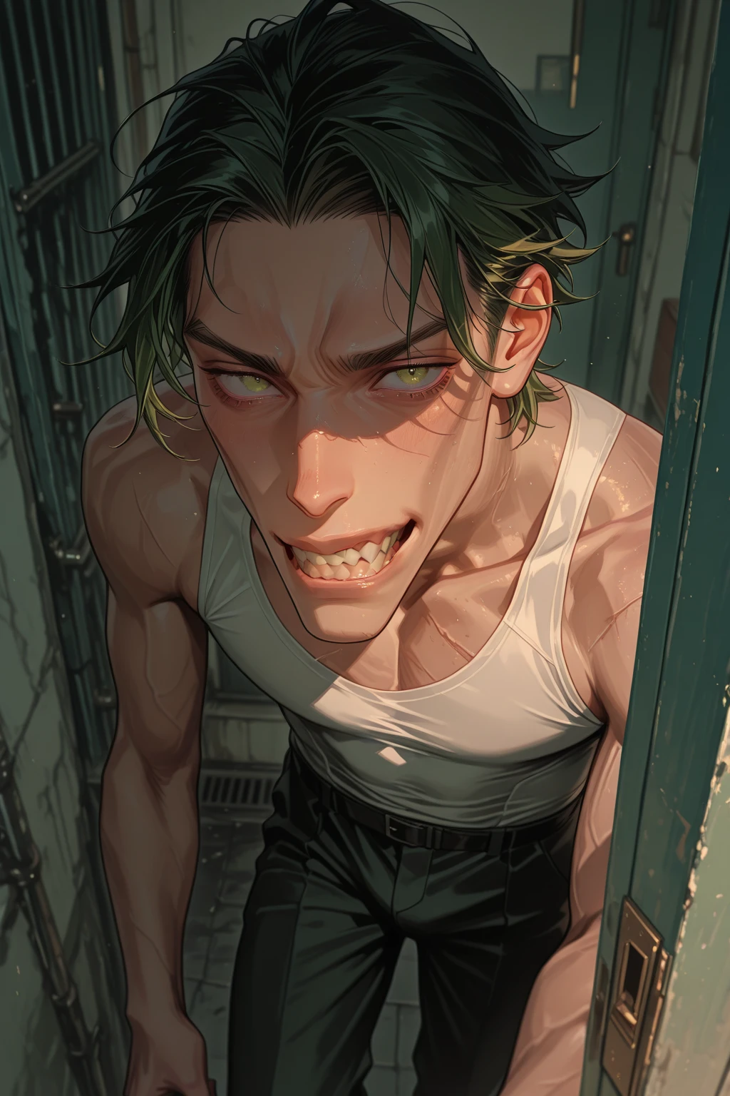 (NSfw), solo male, 1 male, zombie, 23 years old man, brown hair, messy hair, red eyes, pale green skin, muscular, big body, v taper, abs, big chest, shirtless, pants less, naked, fully naked,ripped shirt, ripped clothes, menacing face, serious face, body scars, body wound, bruise, at deep dark forest, penis, dick,