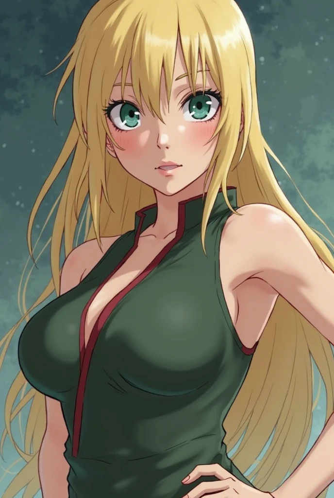 Draw Tsunade from Naruto in an anime style。I made Tsunade pose with her legs wide apart and her hands over her head.。With a regretful face。
