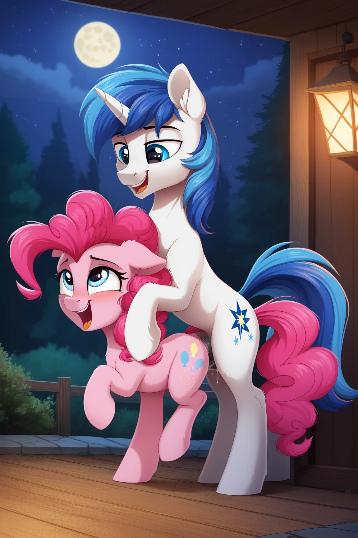 ((Shining armor)), pony, feral, my little pony, smile, beautiful eyes, standing on four hooves, beautiful, thong, big butt, (girly pose), micro skirt, tongue out, pussy, cameltoe, (((two pony sex:1.6))), (((licking pussy:1.3))), cunnilingus, penis 