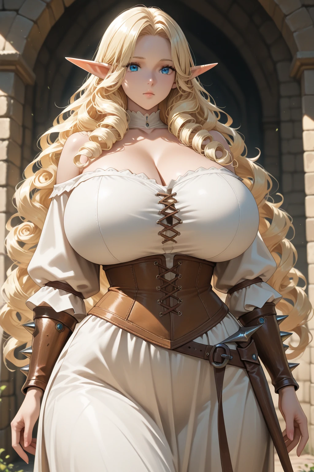 a beautiful and youthful-looking elf of 200+ years. She often sports white-blonde hair in heavily defined ringlets. In body, she has a curvy figure with small breasts, wide hips and shapely legs. Her eyes are a light reddish-brown and she sported the signature pointy ears, customary of all elf kind. She sported black shorts and frilled stockings that ran up to the mid-thigh. In addition to this, she wore gold-colored bands around her forearms and her top was of a small red and white corset