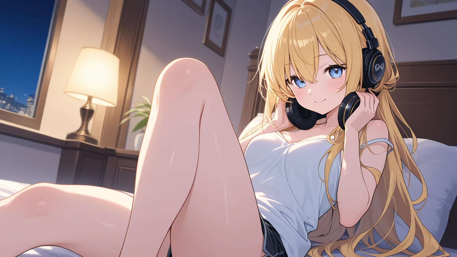 ((From before、True Face、Shot from a little below、Light up from below))、Beautiful and cute girl、(((stand、Twin tails)))、highest quality、ウルトラ - High resolution、High resolution、Highly detailed CG、8k unit wallpaper、17 years old、(((A detailed and beautiful face、Detailed and beautiful eyes,Very large breasts、Platinum Blonde Hair、contrast)))、((((( Brown Skin:2、Dark Skin:2 , Cleavage ,Moist eyes)))))、(Black glossy body:1.8),((Sunburn mark))、((((((loose socks、Sweat、Orange Micro Bikini、Glowing headphones、High heels、Knees wide open to the outside、Sitting on the throne、touch hair))))))