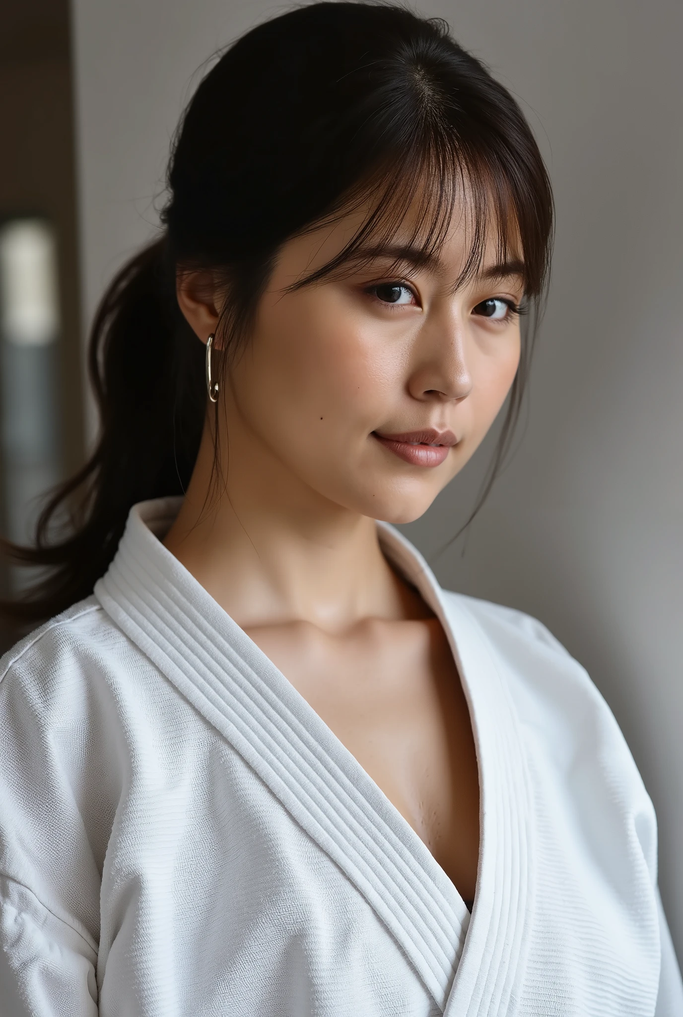 Upper body, Female judoka、Inside the dojo、My uniform is taken off by my bald fat old man、The uniform is open、nipples visible、closes his eyes、yield, he force your front uniform opend to show off tits, he holds your uniform edges by each hand to open your front, breasts visible,