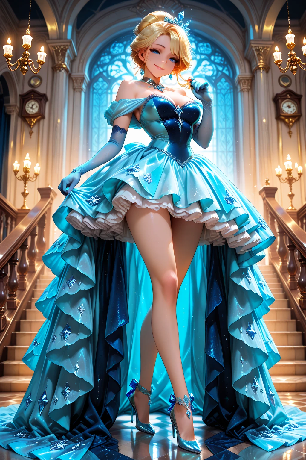 [blue:aqua:0.65] theme, masterpiece, a girl's masterpiece, detailed visual art, blue eyes, light blonde hair, long hair, collarbone, royal princess, elegant, gorgeous quinceanera corset, corset piercing, detailed layered skirt, [detailed frills: 0.1], [frilled dress: 0.1], embroidery, [details princess dress: 0.1], off-the-shoulder, big breasts: 1.3, open crotch, thigh seam, garter belt, groin, [NSFW| uncensored], (simple background: 1.1), low-winged, full-body