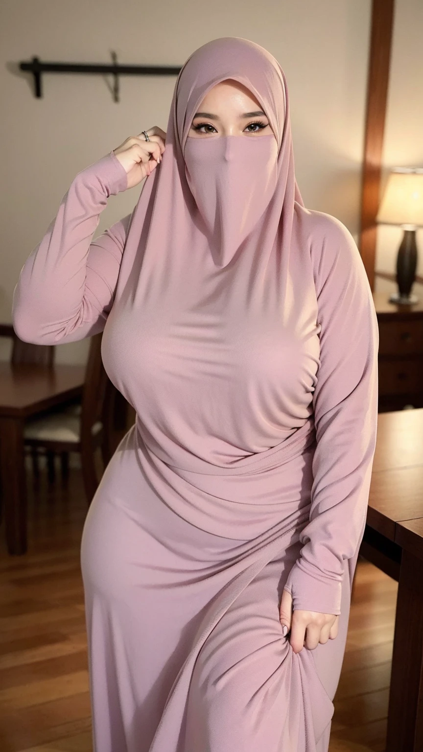 1 matured malay girl in hijab, wear satin dress, crawling on the floor, hands crossed, nighttime, full body, seducing, big breast, (8k, RAW photo, best quality)