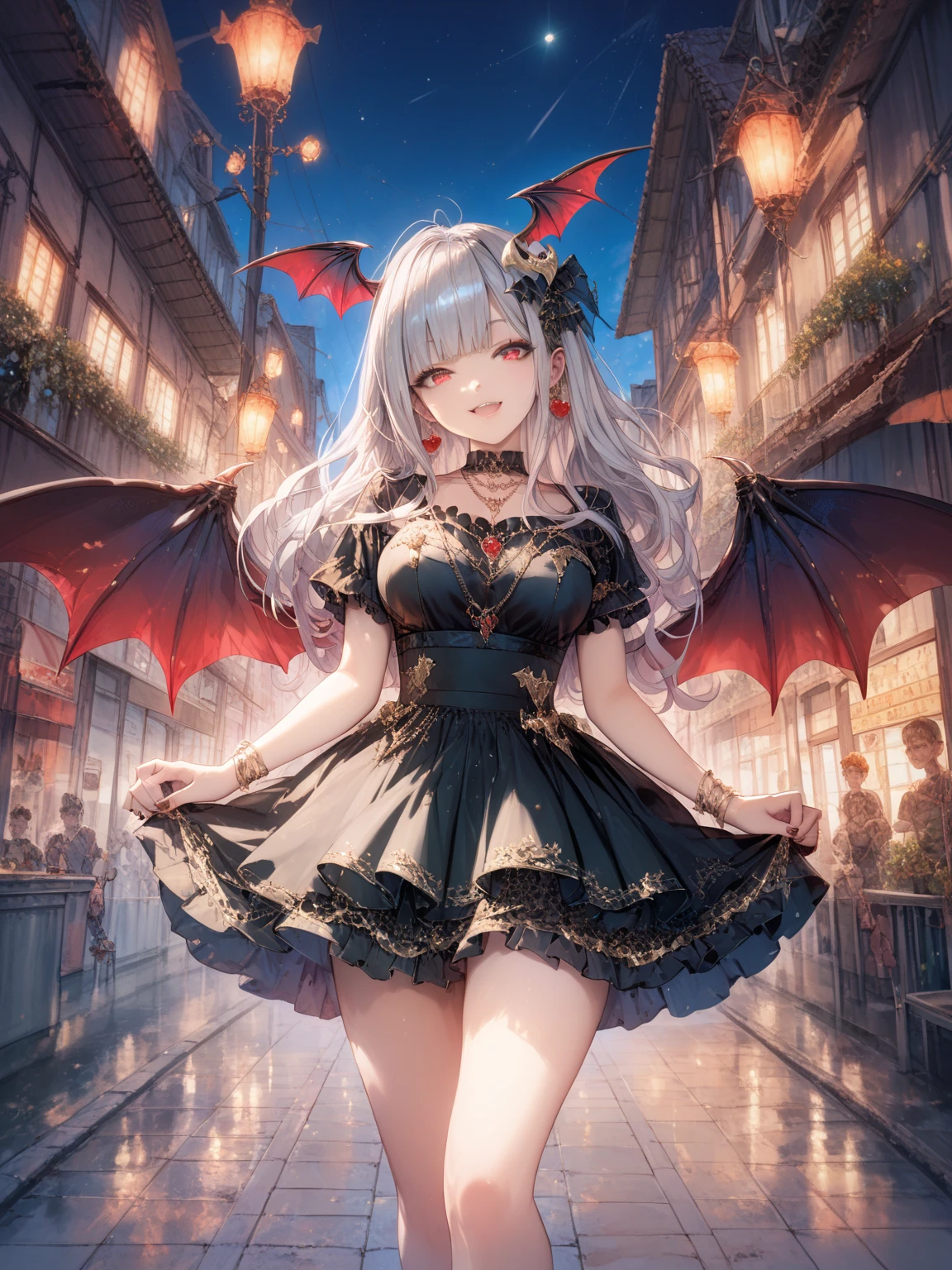 masterpiece, Highest quality, High Resolution, HS1,blush,Smirking face,NSFW、Balcony、Big Breasts、Gray Hair、Red eyeoonlit Night、Bat Wings、Braid、Red dress