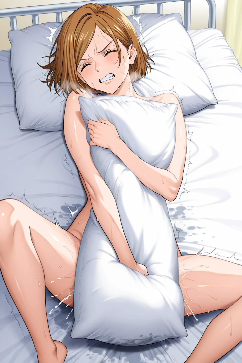 masterpiece, Upper body shot, An attractive 8 year old petit little loli:1.2、lying on the bed and sleeping, independent、look forward to、perfect closed eyes:1.3、Brown short Hair, Quality of actress、 anime style cute faces、embarrassed with blush、Watery eye、look up、Pleasant lighting effects、 anime top image quality、Very detailed、High resolution 16k human skin closeup, Skin texture must be natural、Must be so detailed that pores are visible、skin is healthy、Use natural light and color、High quality photos taken by modeling agencies, Exclusive photographer、???????, Loose-fitting, lightweight unbuttoned pajamas, Shoulder out, Very good, small breasts , showing tiny cleavage, no bra, bottomless, bare shaved crotch, childish Body:1.3