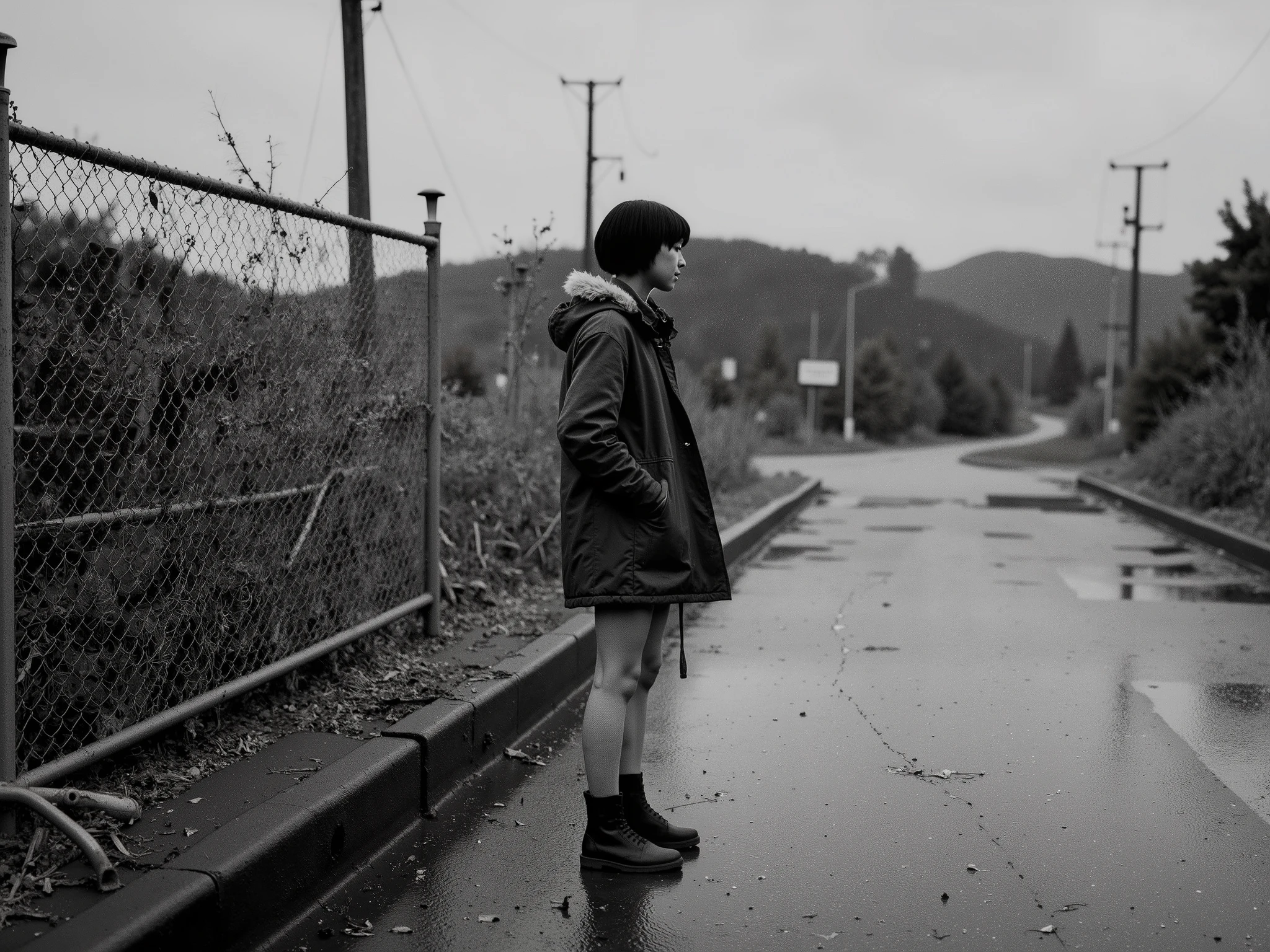 Ultra-realistic noir-style portrait of a young East Asian woman with short black hair and straight bangs, standing quietly in front of a metallic chain-link fence under a light drizzle. She wears an oversized army-green parka jacket with a fur-lined hood, loosely closed, hinting at minimal clothing beneath. Her legs are bare, and her expression is soft and introspective. The scene is set on wet asphalt, with subtle puddles creating mirror-like reflections of her figure and the fence. Captured in muted monochrome tones with high dynamic range, the image features soft cinematic lighting, light rain falling, and visible film grain for a gritty, atmospheric texture. The background is slightly blurred, with a grassy slope and utility poles evoking a remote, industrial mood. Cold, damp, and emotionally evocative — a noir-inspired moment suspended in time.