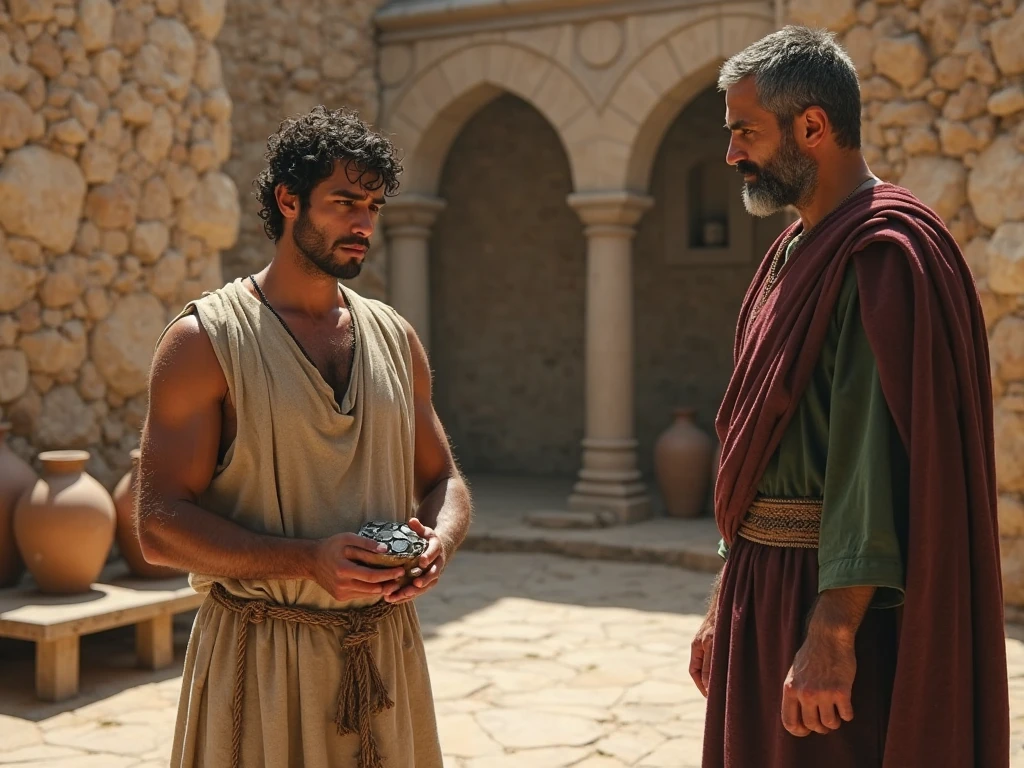 Two men from the Middle East in the year 2000 BC talk on the edge of a stream in an arid environment