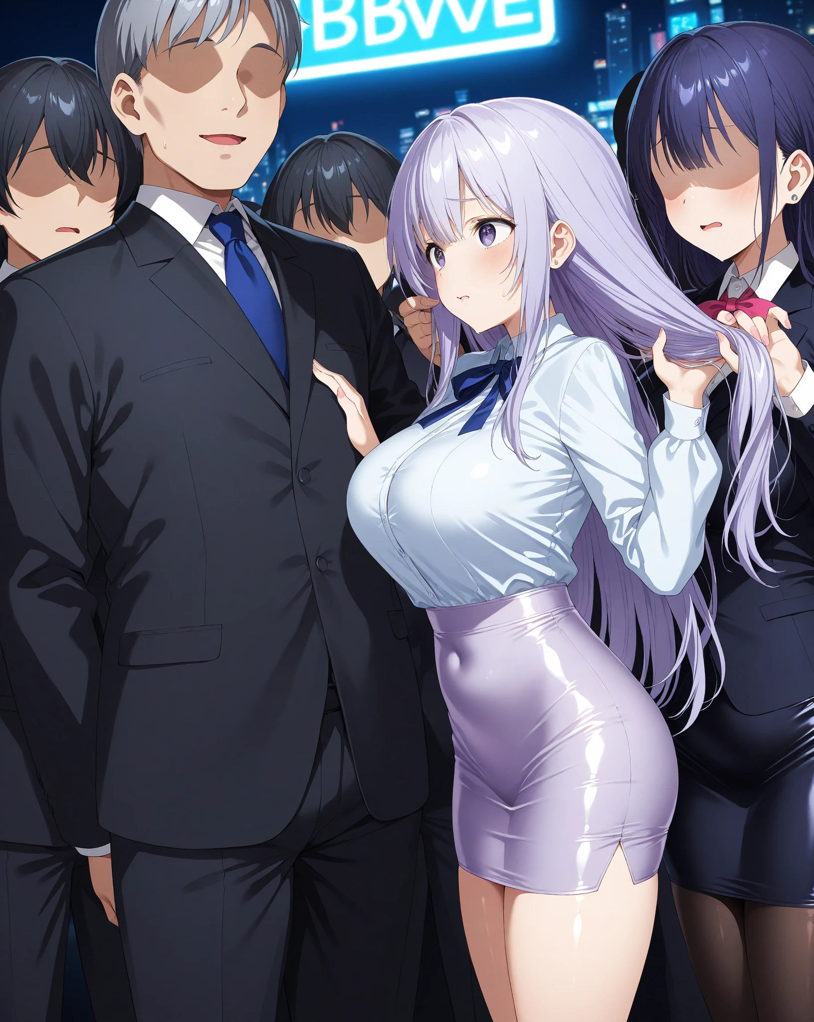 Man in suit places hand on naked girl&#39;s head