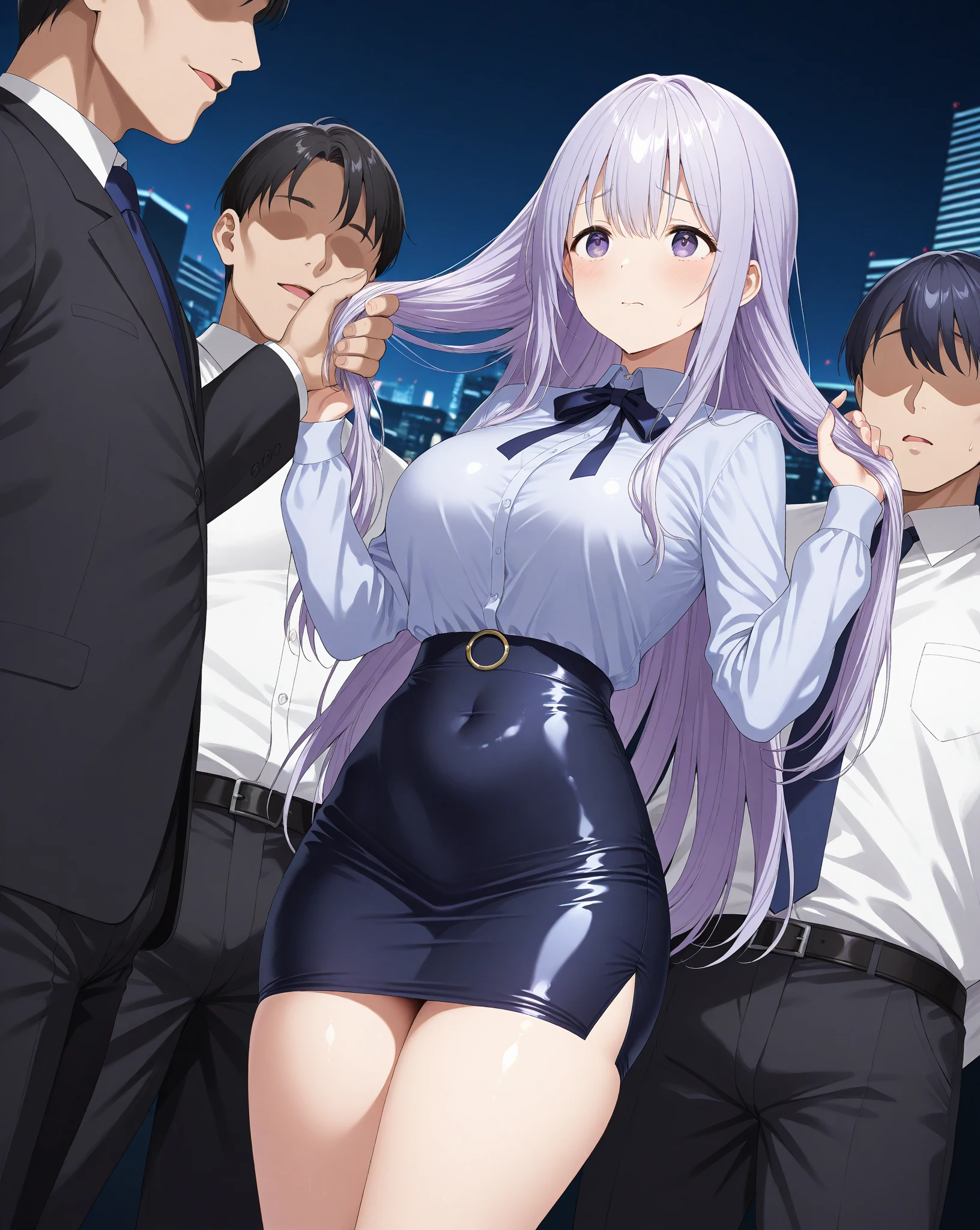 (masterpiece:1.37), best quality, (extremely detailed:1.37), woman, adult, mature, large breasts, (very long hair:1.5), dark purple hair, purple eyes, (extremely detailed eyes:1.37), business suit, necktie, long pencil skirt, pantyhose, (desperation:2.0), (wetting: self 3.0), standing, embarrassed, humiliation, blushing, angry, city, futuristic, neon lighting, high-tech