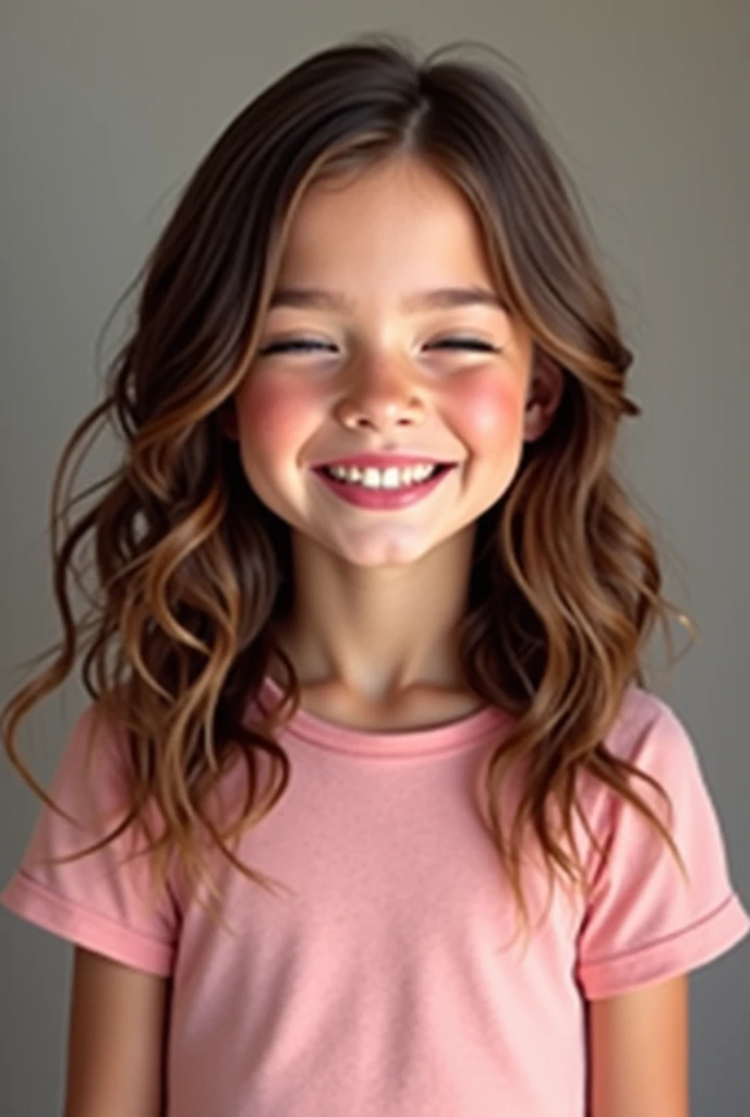A girl with brown eyes, long brown hair and happy freckles who looks excited to understand what they talk about in the United States and who looks pretty with a natural and relaxed face