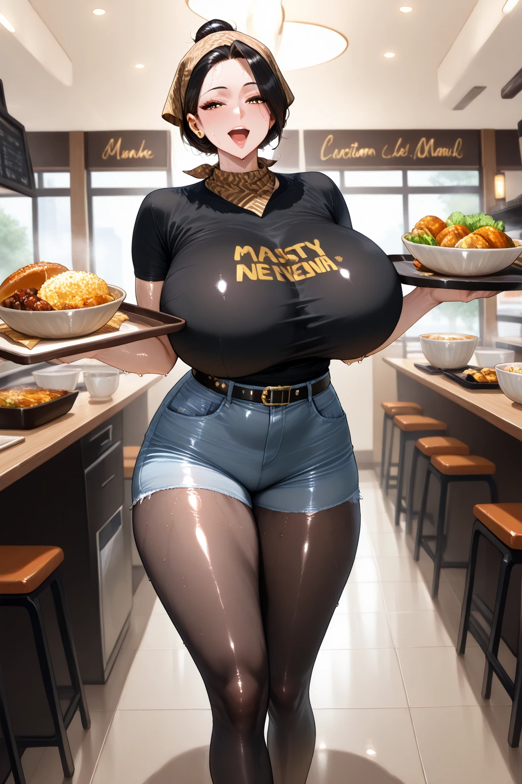 A MILF、Beautie、takeout、ultra gigantic tits、Hyper-obese body、tight fitted、Overfeeding、during a meal、Eat a lot、Fill your mouth、Full and painful、full of sweat、I'm about to throw up