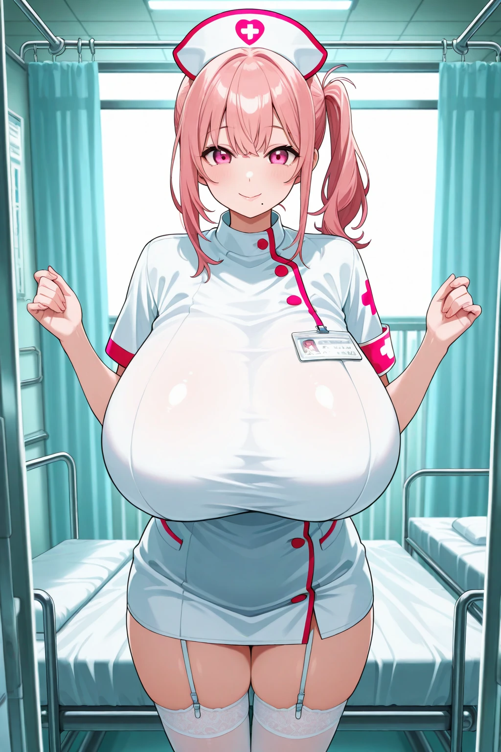 Highest quality、One woman、Bobcut、Bob Hair、side braid、Female, 34 years old、Married Woman、milf、Huge breasts:1.3、sagging breast:1.3、nurse、nurse、白色のnurse服、hospital、Hospital room、Late Night、The room is divided by curtainilking、Pink Hair、Active