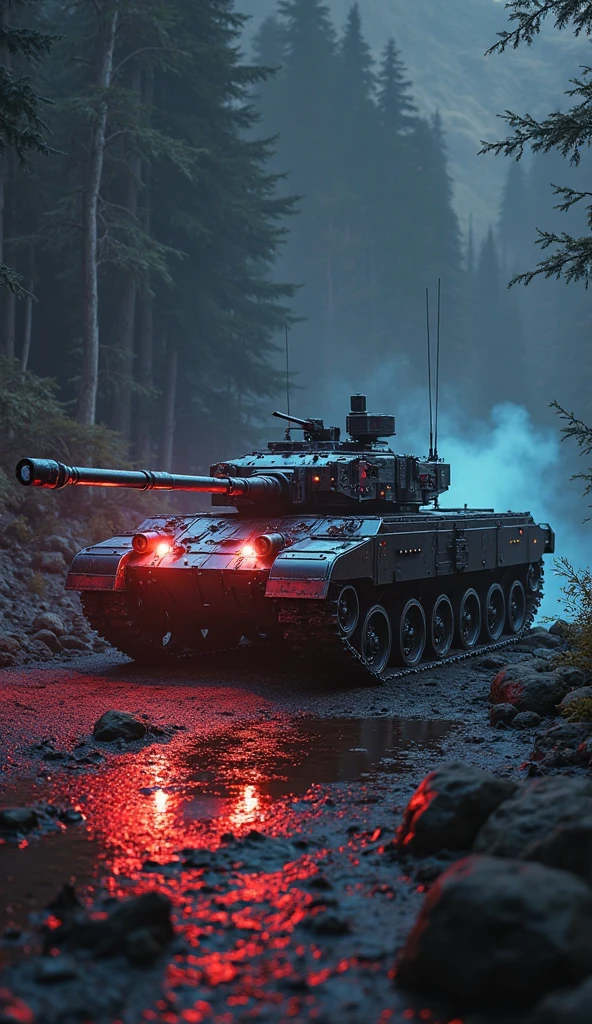 realistic PanzerFaus4/Tiger tank\(Furry\(movie\),((glowing red)), (red electric glow)\), at night, (beautiful red fire from the wheel track behind German tiger tank modified with a super car spoiler), ((shallow depth-of-field)), (bokeh), (lens flare), sharp focus,,((dynamic angle)),award