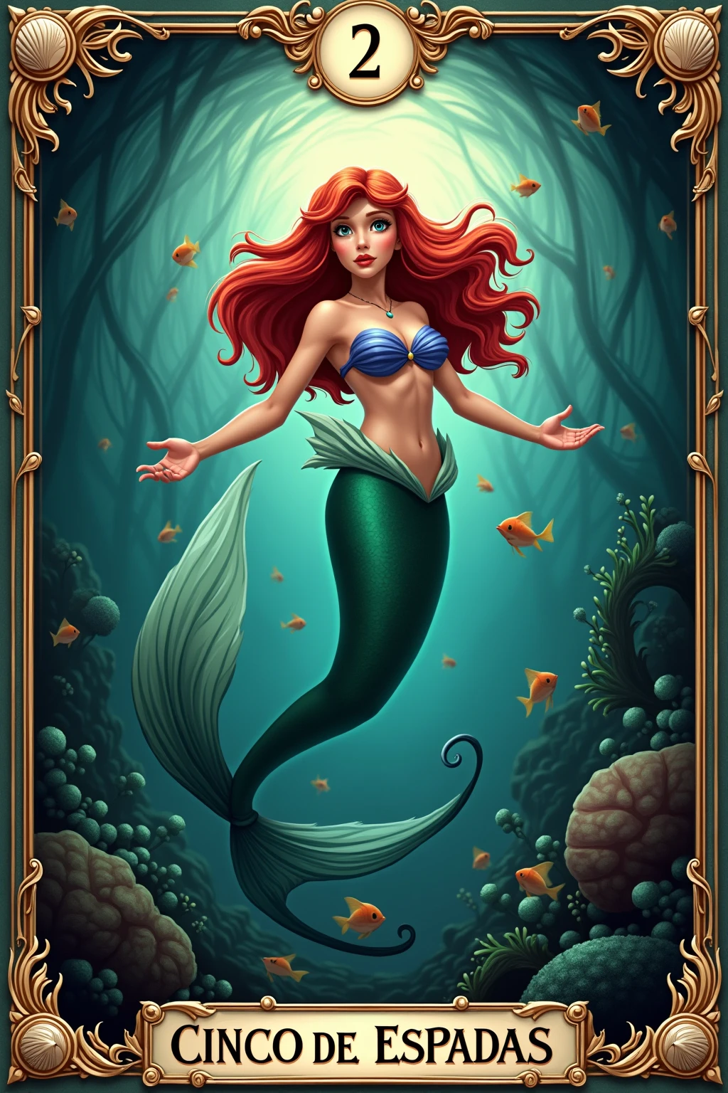 thick outlines, comics, photorealistic, perfect hands, masterpiece:1.2, colorful, underwater palace, , ocean, fishs, shark, ruins, octopus, coral, 1 girl, solo, dynamic pose, <lora:Ariel_character:0.4>, long hair, red hair, (shell bikini), (Mermaid tail), medium breast, detailed background, detailed face, detailed eyes, <lora:add_detail:0.8>