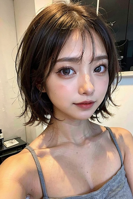 (highest quality、8K、32K、masterpiece、nffsw:1.2)、photo of cute japanese woman、very short bobbed hair、Upper body、necklace、shot from above、don't look at the audience、(realistic、Photoreal:1.37)、1 girl、Shot in natural light、Physically based rendering、excellent image quality、High resolution、1080P、(Detailed facial description)、(detailed description of hands)、(Detailed CG)、rich details、(exquisite features)、(best image quality)、(masterpiece)、(detailed eye)、delicate clavicle、Versatile poses、profile、white wall、Taken in front of the white door、(窓のあるwhite wallの部屋)、earrings、laughter、Spring clothes、 shortcut、short hair、((white blouse))、((highlight hair))、((put mesh in hair))、((blonde and dark brown hair color))