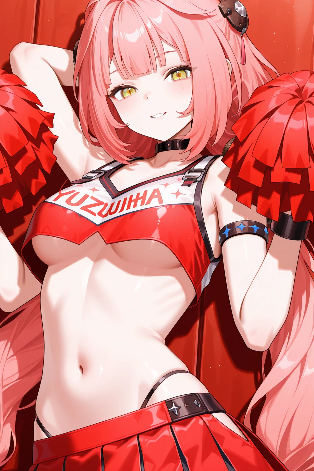 Top Quality, Masterpiece, High Definition, Very Detailed, 8k, One Girl, Cute, Anime, Crystal Clear White Skin, Sensual, Full Body, 2nd Grade of Junior High School, 13 Years Old, Beautiful Cute, Bow on Head, Too Many Hair Ornaments, Cute Micro Bikini Style, Crazy Worldview, Bloody, Eyes Glowing Suspiciously Red, Fairyland, Back road, crazy smile, bright red oasis, hand on crotch, inviting