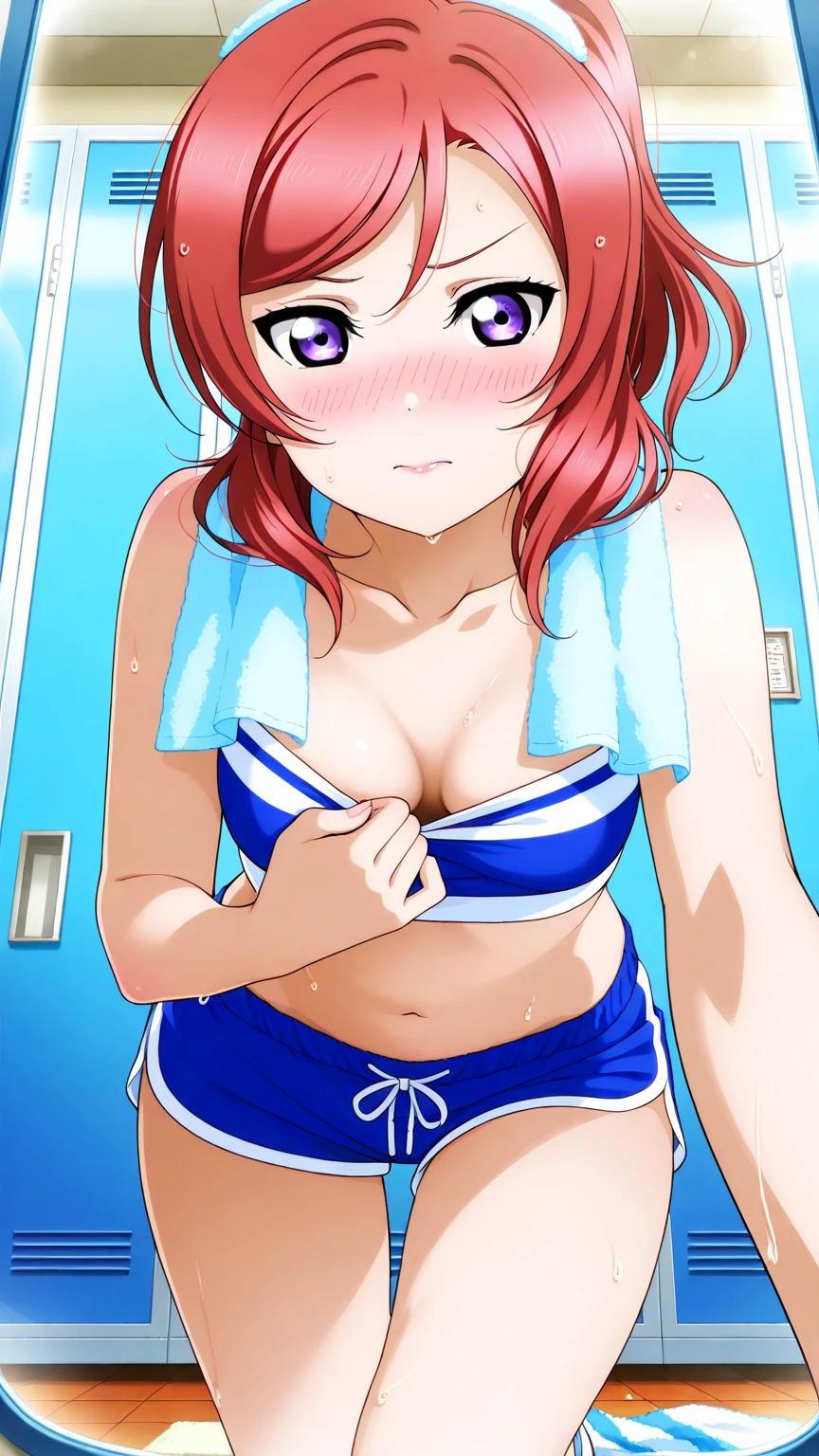 ((Tabletop, Highest quality, High resolution, Pixel perfect,  4K, nsfw)))、(((((Bukkake in the stomach、Surrounded by several men、Multiple cocks)))))、1 Girl, Beautiful woman、((short hair, Twin tails、Red Hair)), ((Blue Eyes、Beautiful eyelashes, Realistic eyes)), ((Detailed face, blush:1.2)), ((Smooth texture:0.75, Realistic texture:0.65, Realistic:1.1, Anime CG Style))、((Small breasts、Swollen nipples、Thick thighs)), Perfect body、((((:or、Embarrassing、surprised、blush))))、((Sweat))、Big Ass、(Hands behind head、Armpits)、((Blue Stripe Bikini))、