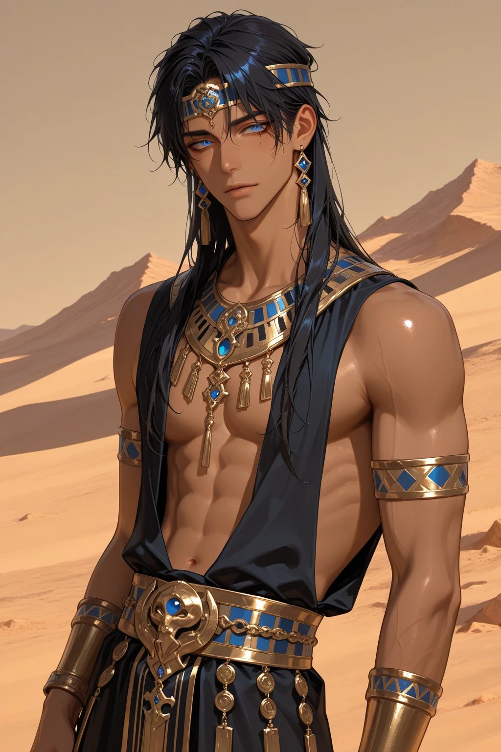 (man:1.5),1 man,male,1boy,male focus,dark-skinned man,black hairdark skin,jewelry,necklace,(Egyptian man),(tan),(brown skin),body tone,male focus,long hair,long bangs,no shirt,pharaoh Tutankhamun,serious expression, (((Egyptian God))),SETH, god of chaos, Egyptian mythology, expression of evil,Egyptian clothing, ((brother of Osiris)) , Osiris, king of the Egyptian underworld, pharaoh of Egypt, god of the underworld, Lord of the underworld, Inquisitor of Death, associated with a good harvest,symbolizes hope and light, tough guy, majesty, strong, muscular body, abs (many fine Egyptian decorations), Egyptian style, perfect flesh full of texture,

muscle,muscle,pectoral, muscular,Mature man,45 year,1 man,macho man,an extremely detailed face,(((gold_eyes:1.3))),intricate eyes,beautiful detailed eyes,symmetrical eyes,perfect face,((detailed face)),macho man,

(((lustrous skin:1.5,tanned skin,bright skin: 1.5,skin tanned,shiny skin,very shiny skin,shiny body))),powerful,heroic,nsfw,

((bulge in pants)),(((intricate outfit,embroidered outfit,ornate outfit,intricate clothes,embroidered clothes,ornate clothes))),

dynamic pose,looking at viewer,smug,(masculine attitude),centered,scale to fit dimensions,Rule of thirds,

((beautiful bath house made of egyptian marble and pillars, beautiful clear water in pool)),scenery:1.25,((intricate scenery)),((egyptian temple background)),

(Glossy Egyptian ornaments),highres,sharp focus,(ultra detailed,extremely detailed),(photorealistic artwork:1.37),(extremely detailed CG unity 8k wallpaper),(((vibrant colors,vibrant theme))),(intricate),(masterpiece),(best quality),artistic photography,(photography taken by sldr),(intricate background),perfect rendered face,perfect face details,realistic face,photo realistic,((intricate detail)),(((realism))),
