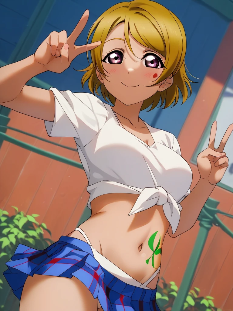(masterpiece, best quality, detailed), 1girl, solo, looking at viewer, 1girl, <lora:misty:0.65>, misty_\(pokemon\), short hair, side ponytail, blue eyes, <lora:hu1a4:1>, lei, grskirt, stage, stage lights, spotlight, concert, audience, contrapposto, smile, closed mouth, smug, v-shaped eyebrows, embarrassed, sweatdrop
