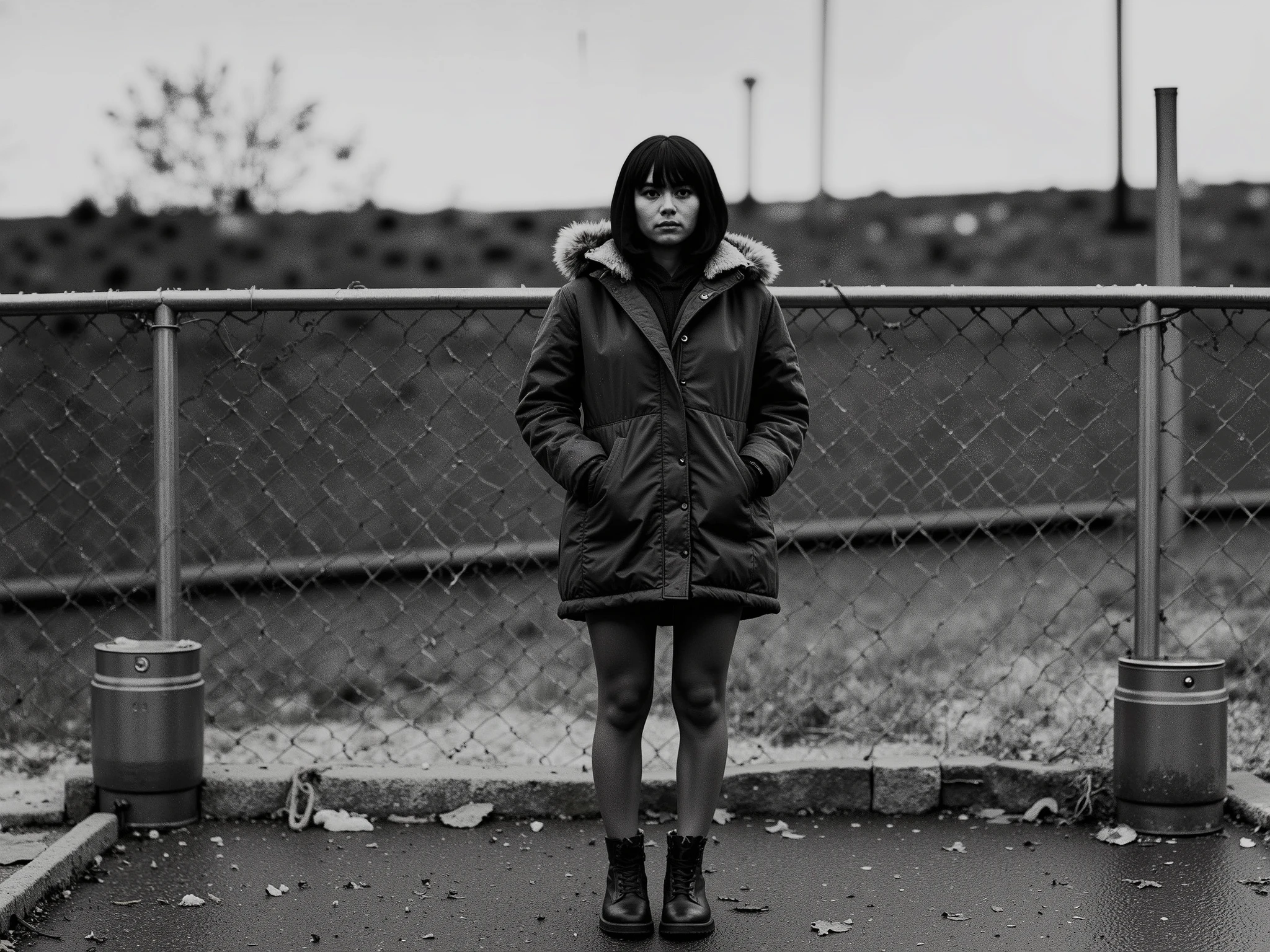 Ultra-realistic noir-style portrait of a young East Asian woman with short black hair and straight bangs, standing quietly in front of a metallic chain-link fence under a light drizzle. She wears an oversized army-green parka jacket with a fur-lined hood, loosely closed, hinting at minimal clothing beneath. Her legs are bare, and her expression is soft and introspective. The scene is set on wet asphalt, with subtle puddles creating mirror-like reflections of her figure and the fence. Captured in muted monochrome tones with high dynamic range, the image features soft cinematic lighting, light rain falling, and visible film grain for a gritty, atmospheric texture. The background is slightly blurred, with a grassy slope and utility poles evoking a remote, industrial mood. Cold, damp, and emotionally evocative — a noir-inspired moment suspended in time.