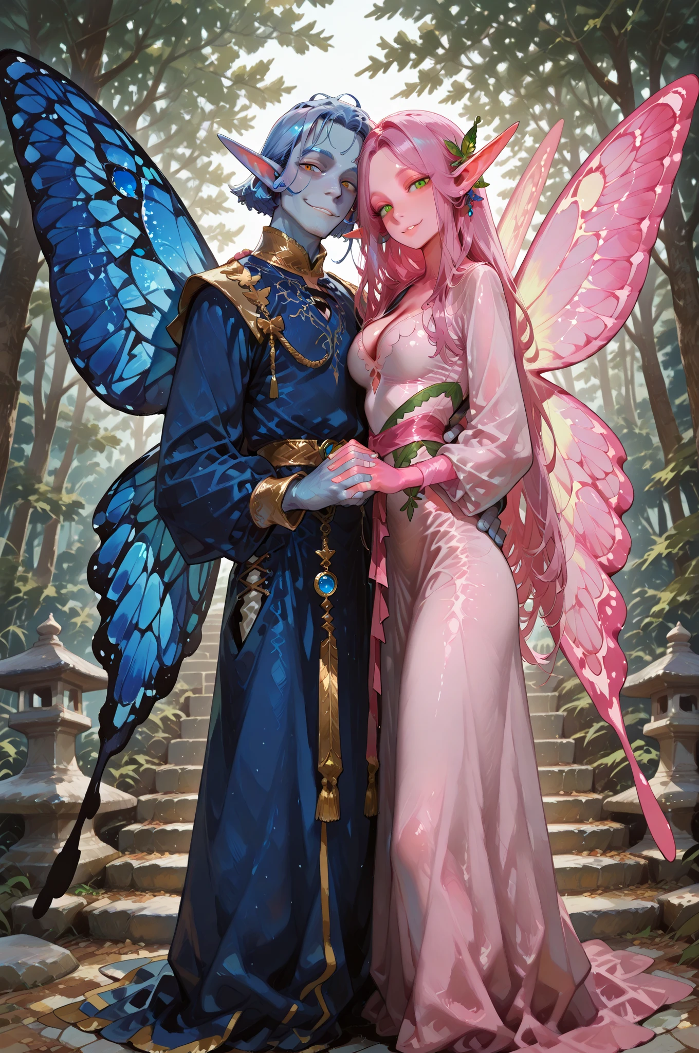 masterpiece, best quality, amazing quality, very aesthetic, high resolution, newest, hyper-detailed, (long shot), couple holding hands ((fairys)),gentle smile; mature man blue hair, short hair, short bang hair, ((butterfly wings)), ((Elf ears)) blue skin, royal clothes); mature woman pink hair, long hair, ((butterfly wings)), ((Elf ears)) pink skin, royal clothes) fantasy theme, front to the viewer, fan art, absurdres, amazing temple background, depth of field