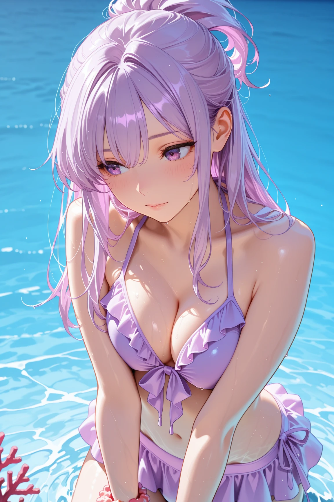 1girl, green eyes, long light lilac purple hair, dripping wet, soaking wet, laying in shallow water at beach, big boobs, cleavage, black bikini, off center, sitting to the side of the photo, sunny, small waist, beach, close up, realistic, detailed eyes, extra space off to the side, character off center, character to side of image