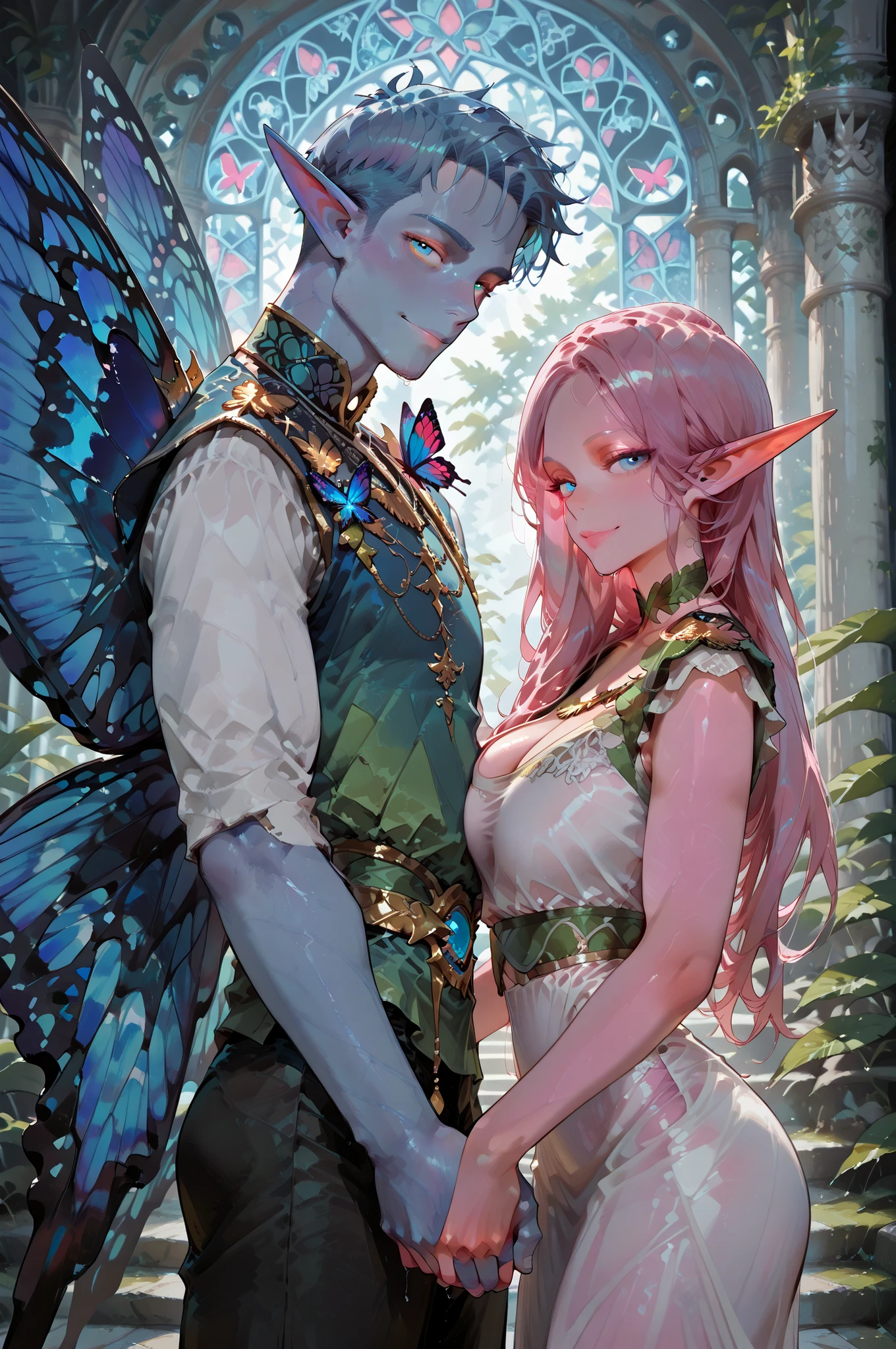 masterpiece, best quality, amazing quality, very aesthetic, high resolution, newest, hyper-detailed, (long shot), couple holding hands ((fairys)),gentle smile; mature man blue hair, short hair, short bang hair, ((butterfly wings)), ((Elf ears)) blue skin, royal clothes); mature woman pink hair, long hair, ((butterfly wings)), ((Elf ears)) pink skin, royal clothes) fantasy theme, front to the viewer, fan art, absurdres, amazing temple background, depth of field
