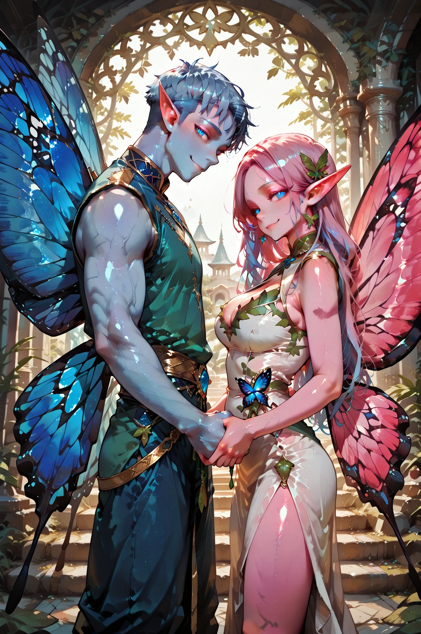 masterpiece, best quality, amazing quality, very aesthetic, high resolution, newest, hyper-detailed, (long shot), couple holding hands ((fairys)),gentle smile; mature man blue hair, short hair, short bang hair, ((butterfly wings)), ((Elf ears)) blue skin, royal clothes); mature woman pink hair, long hair, ((butterfly wings)), ((Elf ears)) pink skin, royal clothes) fantasy theme, front to the viewer, fan art, absurdres, amazing temple background, depth of field