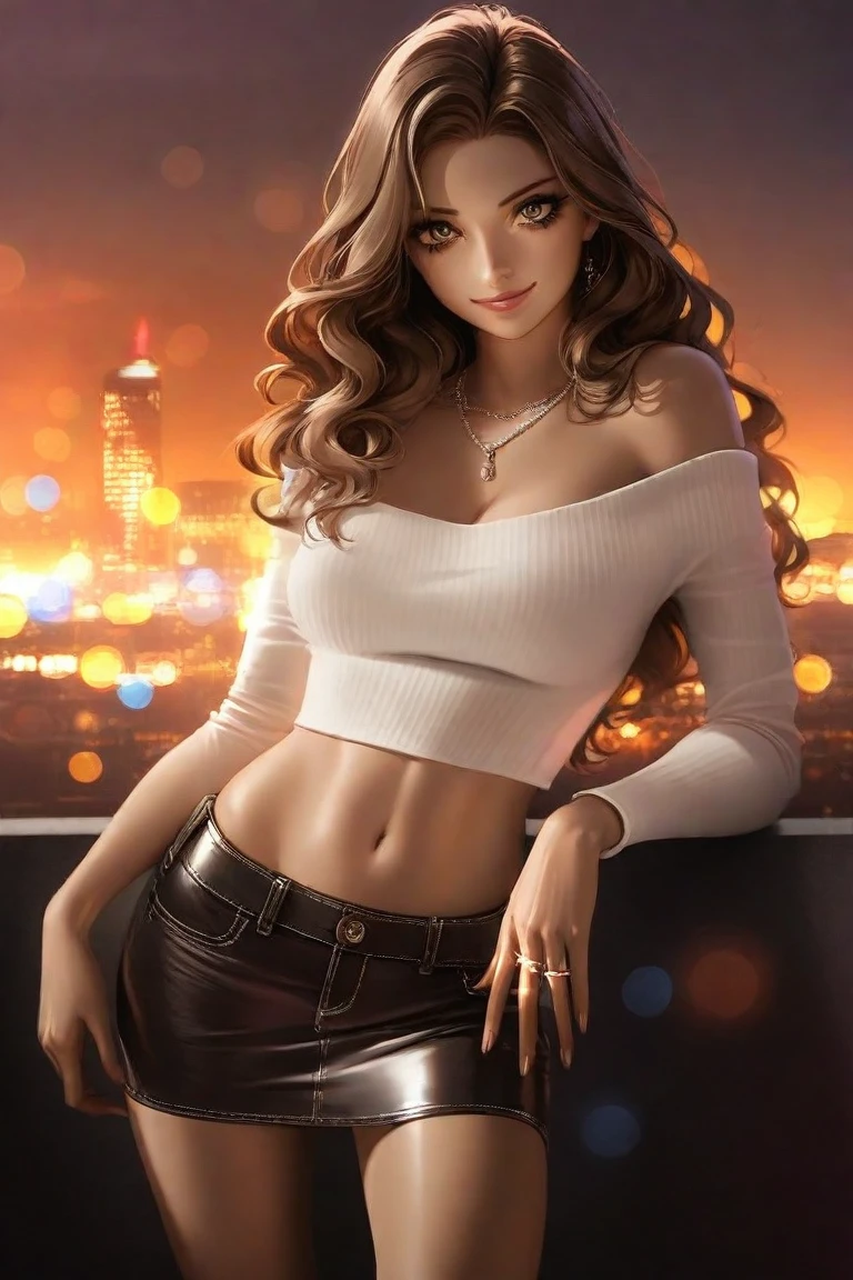 ((Midnight, Best quality, 8k, Masterpiece :1.3)), Whole body, Long legs, Sharp focus :1.2, A pretty woman with perfect figure :1.4, Slender abs :1.1, ((Dark brown hair, Big breasts :1.2)), (White tight tshirt, Jean bib, Standing:1.2), ((Night city view, Rooftop:1.3)), Highly detailed face and skin texture, Detailed eyes, Double eyelid