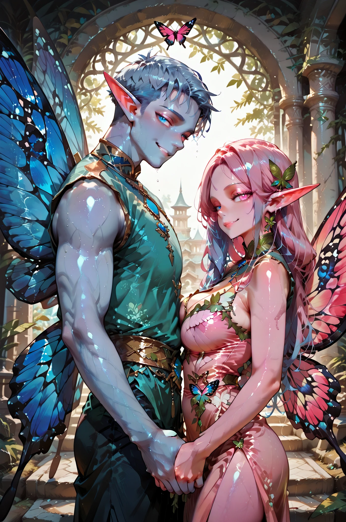 masterpiece, best quality, amazing quality, very aesthetic, high resolution, newest, hyper-detailed, (long shot), couple holding hands ((fairys)),gentle smile; mature man blue hair, short hair, short bang hair, ((butterfly wings)), ((Elf ears)) blue skin, royal clothes); mature woman pink hair, long hair, ((butterfly wings)), ((Elf ears)) pink skin, royal clothes) fantasy theme, front to the viewer, fan art, absurdres, amazing temple background, depth of field